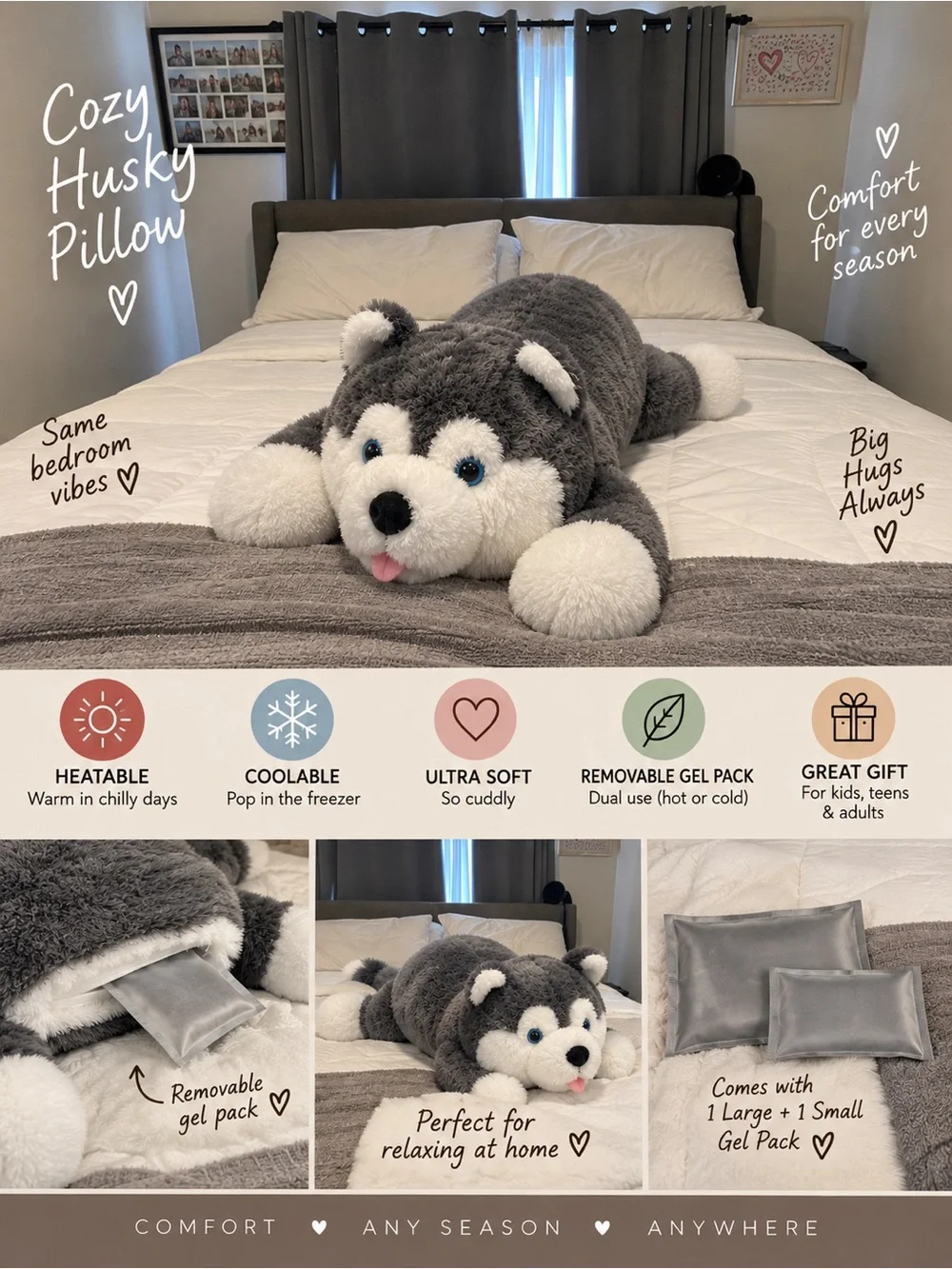 Cozy Husky Plush Pillow - Gray & White Comfort